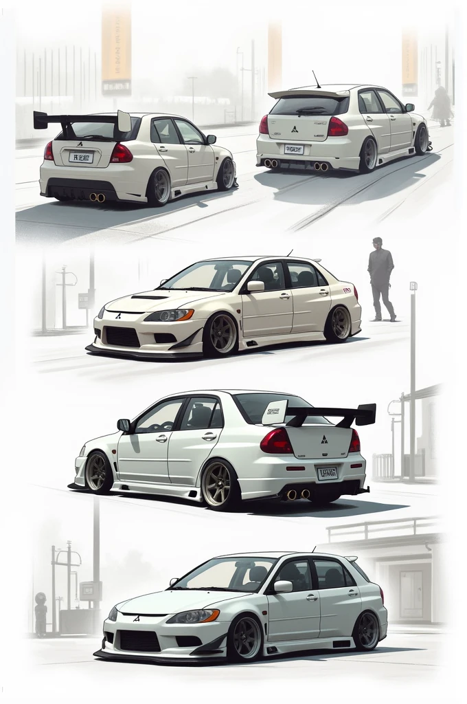 I want 3 different sketches of a 2007 Mitsubishi Minika tuned in a discreet way, you can also use stickers or something similar, it's for daily use, nothing too flashy.