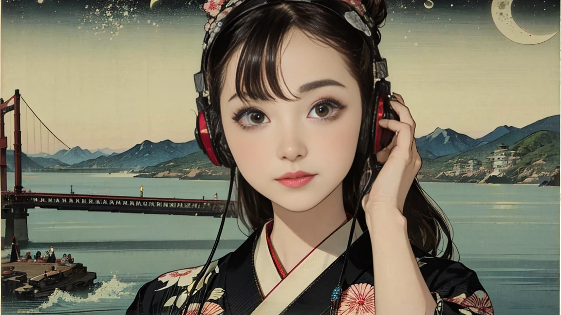 (Highest quality, 8k, masterpiece, High resolution), (whole body), Vibrant colors, Brown-black bob, Traditional topknot, Ample breasts, (Highly detailed face and eyes, Beautiful Face, Beautiful Eyes, Beautiful nose, Pretty lips), Official Art, Ukiyo-e style, (Beautiful woman in kimono), (Vivid floral patterned kimono), background, river, bridge, Mountain, wood, Starry Sky, moon, Detailed CG, ((headphones)),