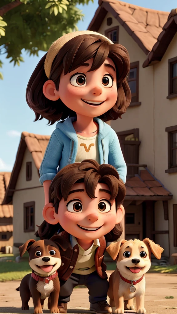 a happy boy, girl and dog in the village
