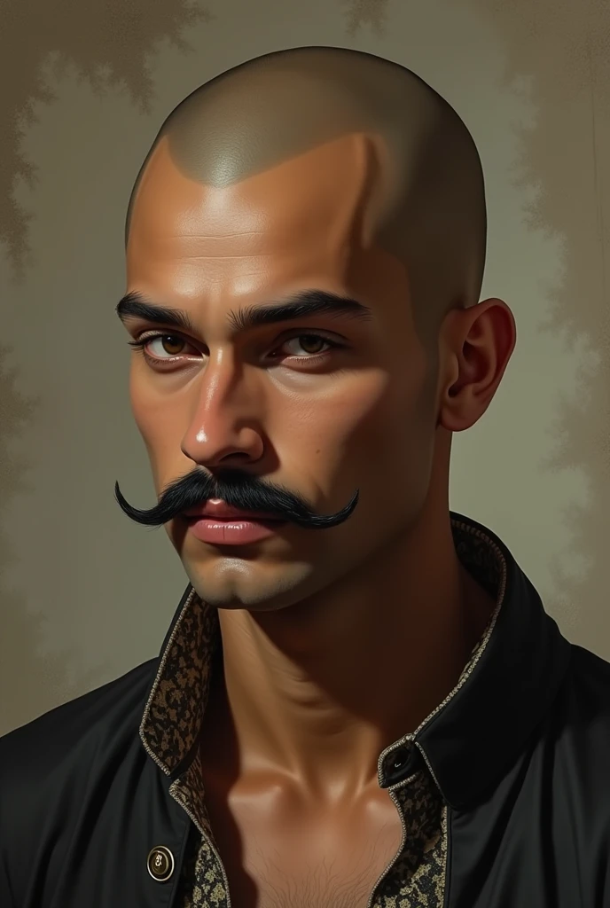 A 25-year-old man with light brown skin, only a black mustache, full lips, and a shaved black head in the 15th century.