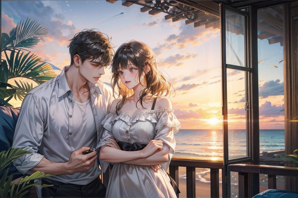vacation、beach、men and women、Two people、Couple、Casual attire、muscle、Sunset、balcony、Cottage、Romantic