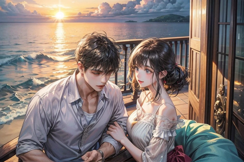 vacation、beach、men and women、Two people、Couple、Casual attire、muscle、Sunset、balcony、Cottage、Romantic