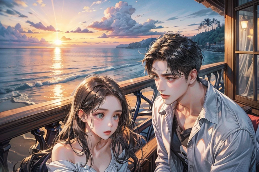 vacation、beach、men and women、Two people、Couple、Casual attire、muscle、Sunset、balcony、Cottage、Romantic