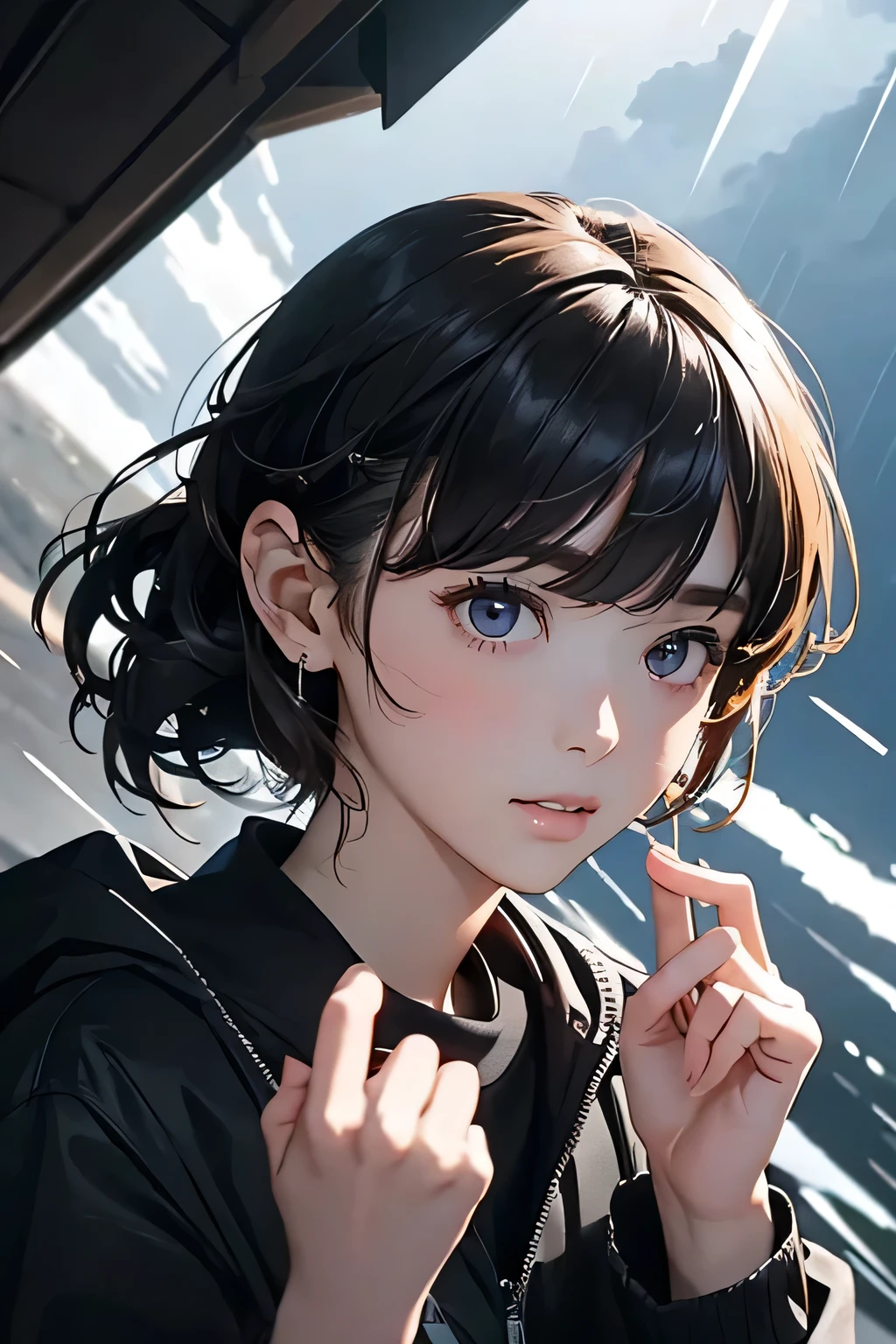 Highest quality、High resolution、Detailed Background、(Beautiful face in every detail:1.4)、Teenage beauty、Anatomically correct、(Normal number of fingers:1.2)、Detailed eyes、Highly detailed face、Perfect body line、Light color hair、Bobcut、ponytail、cute hairstyle、well-groomed eyebrows、Cute gestures、Natural beauty、typhoon、heavy rain、Very strong winds、
(Typhoon day、storm.:1.5)、
Black clouds cover the darkening sky、A strong wind is blowing、wood々The branches are shaking violently、
A girl desperately trying to move forward、Wearing a light jacket and holding her hair down, she is walking with all her might.、She occasionally looks back with a worried expression.、
The girl's legs are about to get tangled up as the strong wind blows them.、The road is littered with fallen signs and leaves, creating a dangerous situation.、
The girl seems to be desperately walking through it, searching for something.、A girl desperately tries to move forward in the dark and raging nature.、The girl's efforts and the raging typhoon、cute