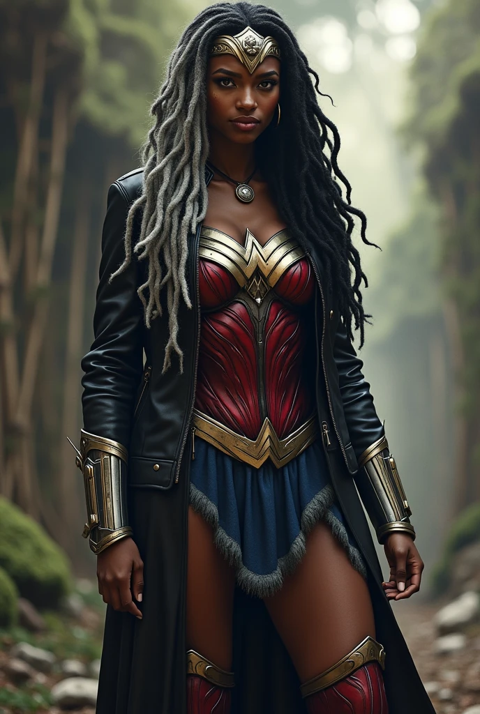 A beautiful black-skinned woman with half black hair and half silver dreadlocks under the cloak of the Amazon warrior Wonder Woman in a black leather jacket and red corset and black leather pants with long red boots up to the knees Wonder Woman diaema on her forehead