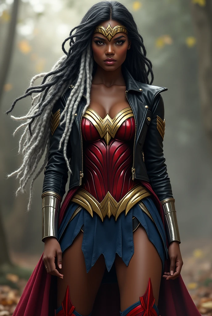 A beautiful black-skinned woman with half black hair and half silver dreadlocks under the cloak of the Amazon warrior Wonder Woman in a black leather jacket and red corset and black leather pants with long red boots up to the knees Wonder Woman diaema on her forehead