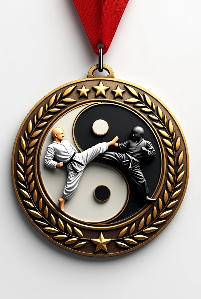 A round medal for a martial arts tournament where one side of the medal has three stars at the top and three stars at the bottom, two laurels on the sides and in the center a yin yang with two martial arts fighters kicking each other in the head at the same time alluding to the black and white point of the yin yang, a white fighter and the other black who go to the opposite of the color of the yin and yang: A black fighter inside the white and a white fighter inside the black.