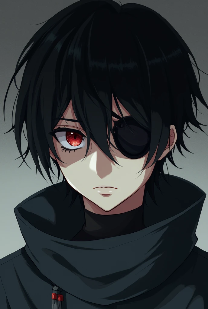 A young black-haired boy, 20 years old anime, with black hair, red eyes and one of his eyes is covered with an eyepatch and he looks very serious