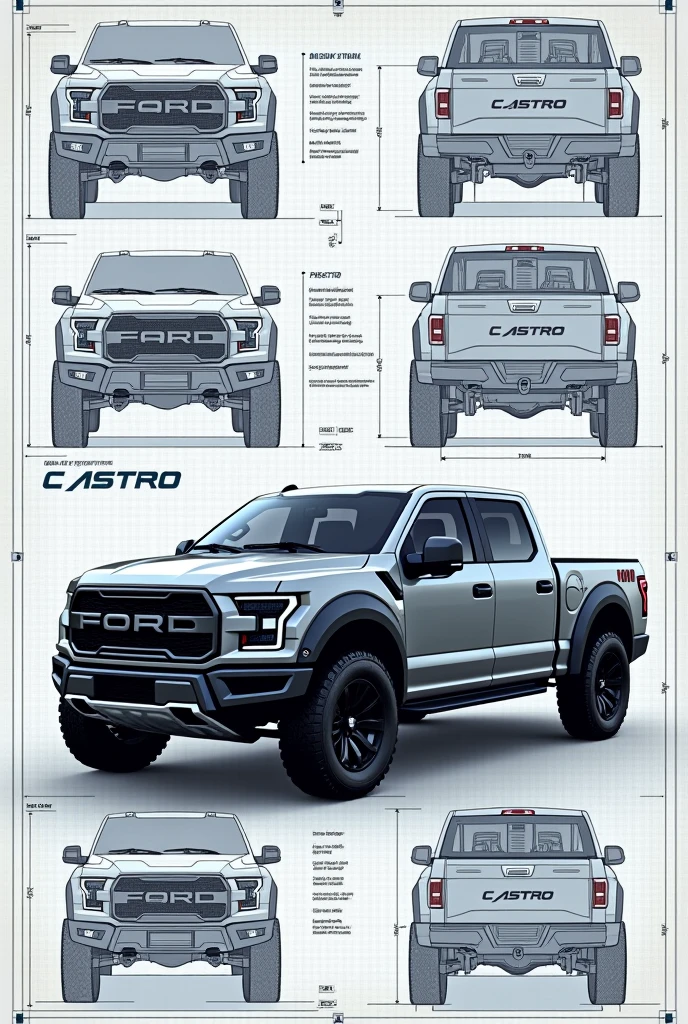 Make a new pickup truck model in the blueprint format, with the CASTRO brand in the grid. 