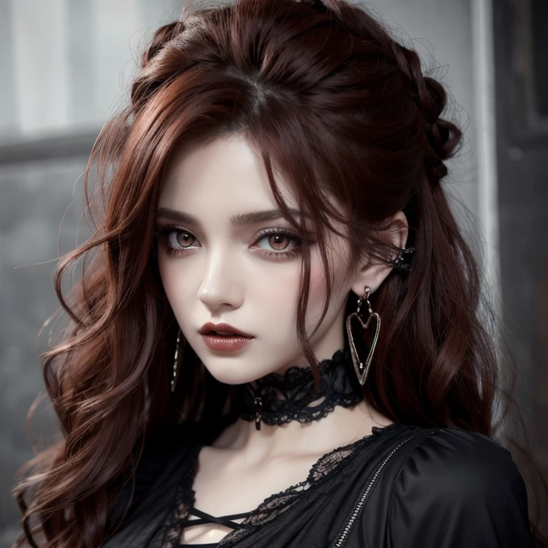 Gothic Fashion、20-year-old woman、8k、high resolution、Detailed clothing、3D Anime Style、Red curly hair、Big dark eyes、High resolution, Very long hair, masterpiece, Earrings, Open your mouth a little, Character portrait, 