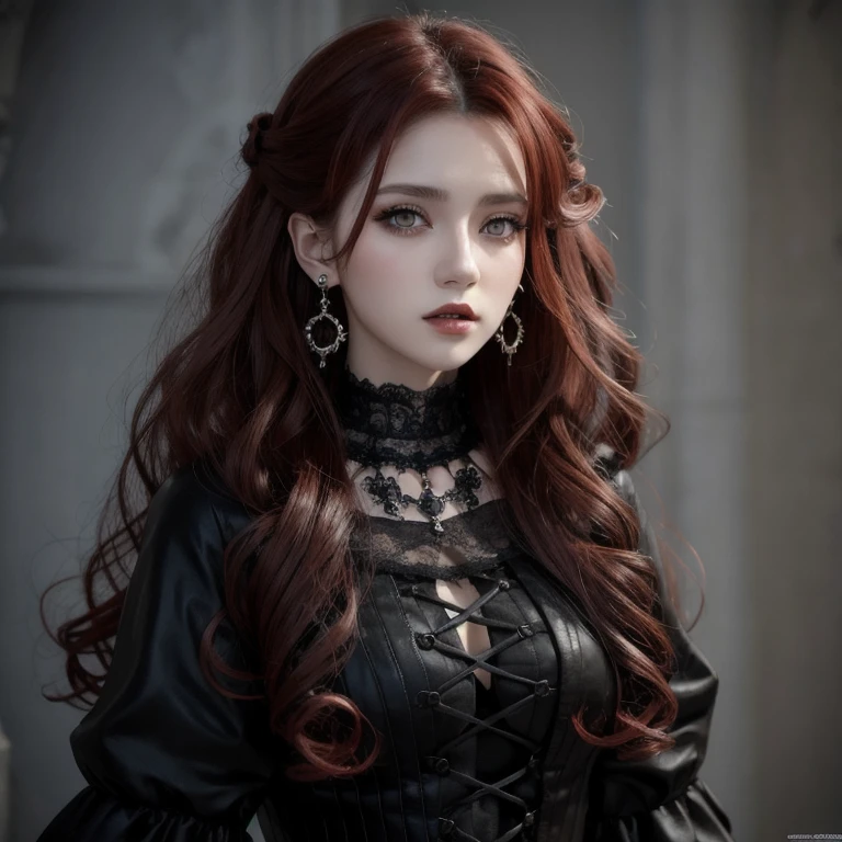 Gothic Fashion、20-year-old woman、8k、high resolution、Detailed clothing、3D Anime Style、Red curly hair、Big dark eyes、High resolution, Very long hair, masterpiece, Earrings, Open your mouth a little, Character portrait,