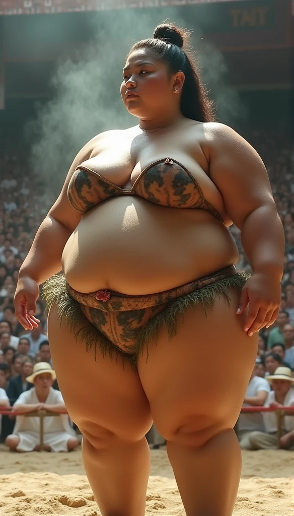 (sweat steam:1.4),Huge body,Height 2m50cm Weight 250kg,Realistic busty 25yo　Hawaiian  woman,(sexy sumo wrestling:1.2),ultimate form,8k,at sumo ring,fundoshi,bra,in Ryogoku Kokugikan