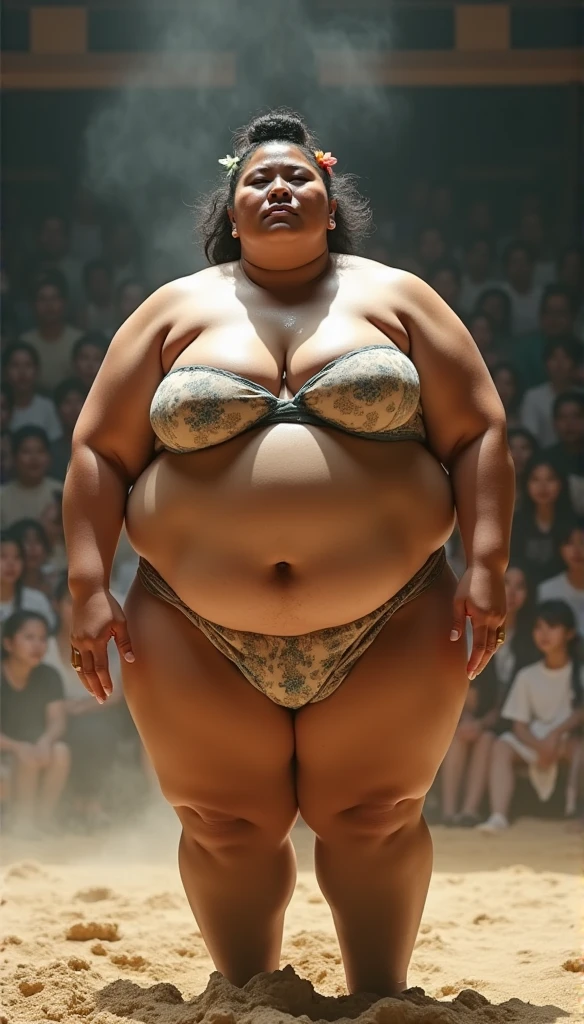 (sweat steam:1.4),Huge body,Height 2m50cm Weight 250kg,Realistic busty 25yo Hawaiian woman,(sexy sumo wrestling:1.2),ultimate form,8k,at sumo ring,fundoshi,bra,in Ryogoku Kokugikan