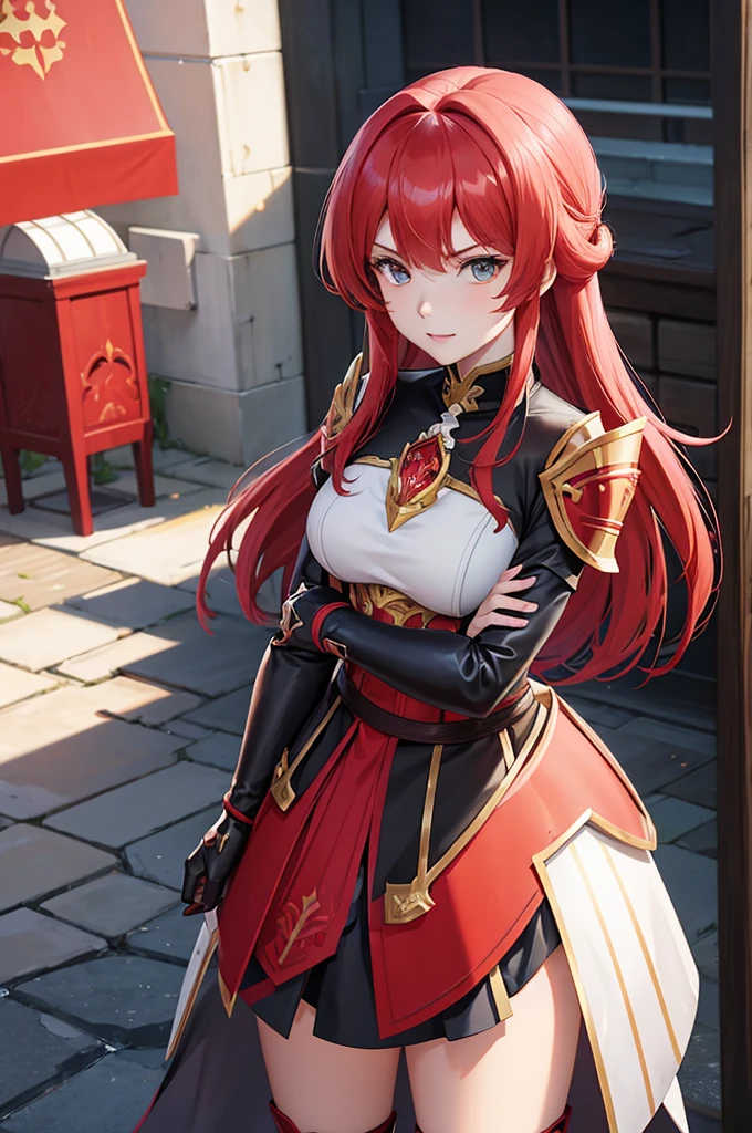 woman with red hair and armor, ayaka genshin impact, ayaka game genshin impact, portrait knights of zodiac girl, female protagonist, cushart krenz key art feminine, valentina remenar, genshin impact character, genshin, cyarine, artgerm and atey ghailan, portrait knight female,(cowboy shot),looking at viewer