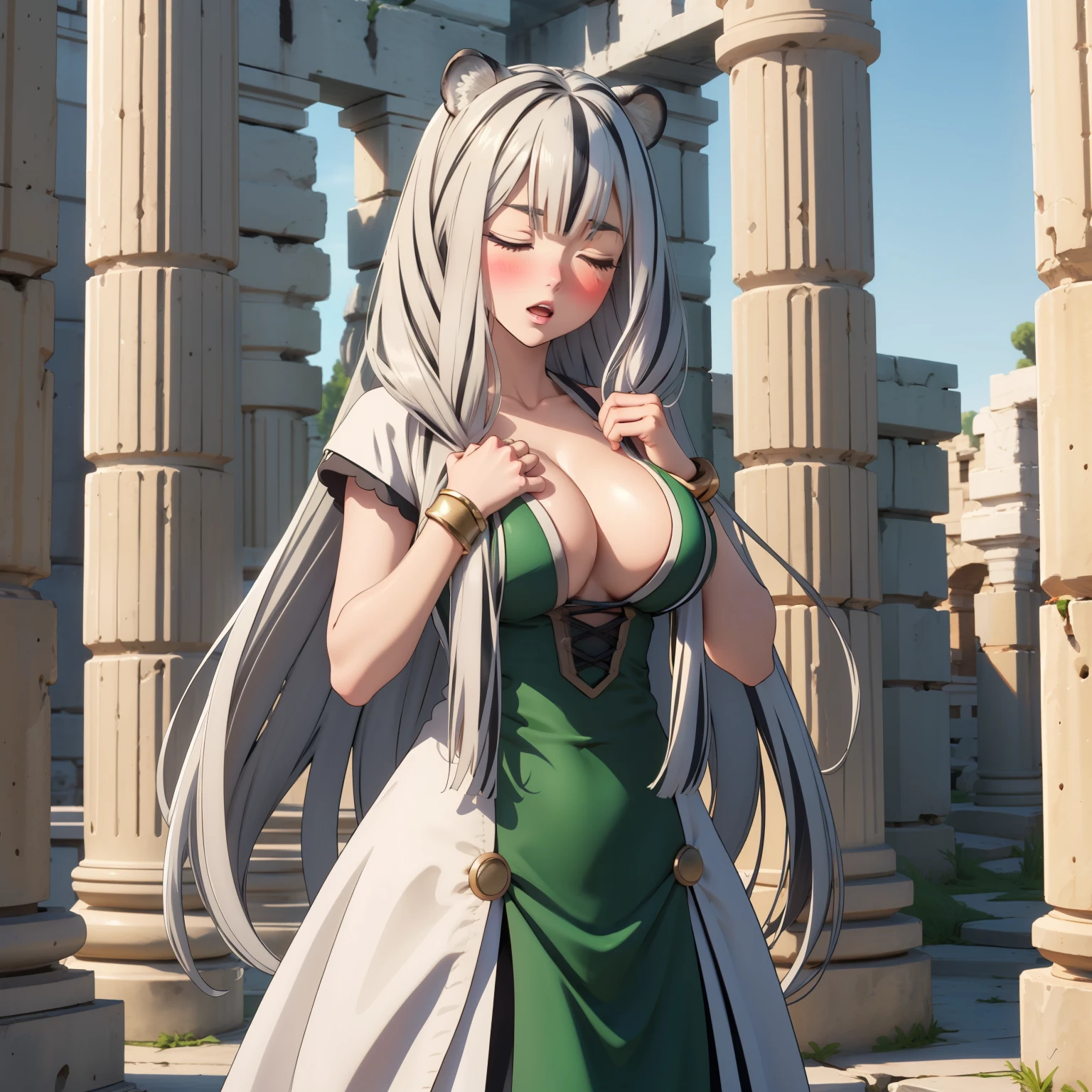 Atlas Fayon woman 40 years old, white hair with black stripes ,white tiger ears, closed eyes, mujer ciega con closed eyes, expresión confident,  confident. trust. blush,  Pale skin, big breasts, dressed as a green Greek goddess,  goddess cosplay . I am standing by some Roman ruins. huge breasts.