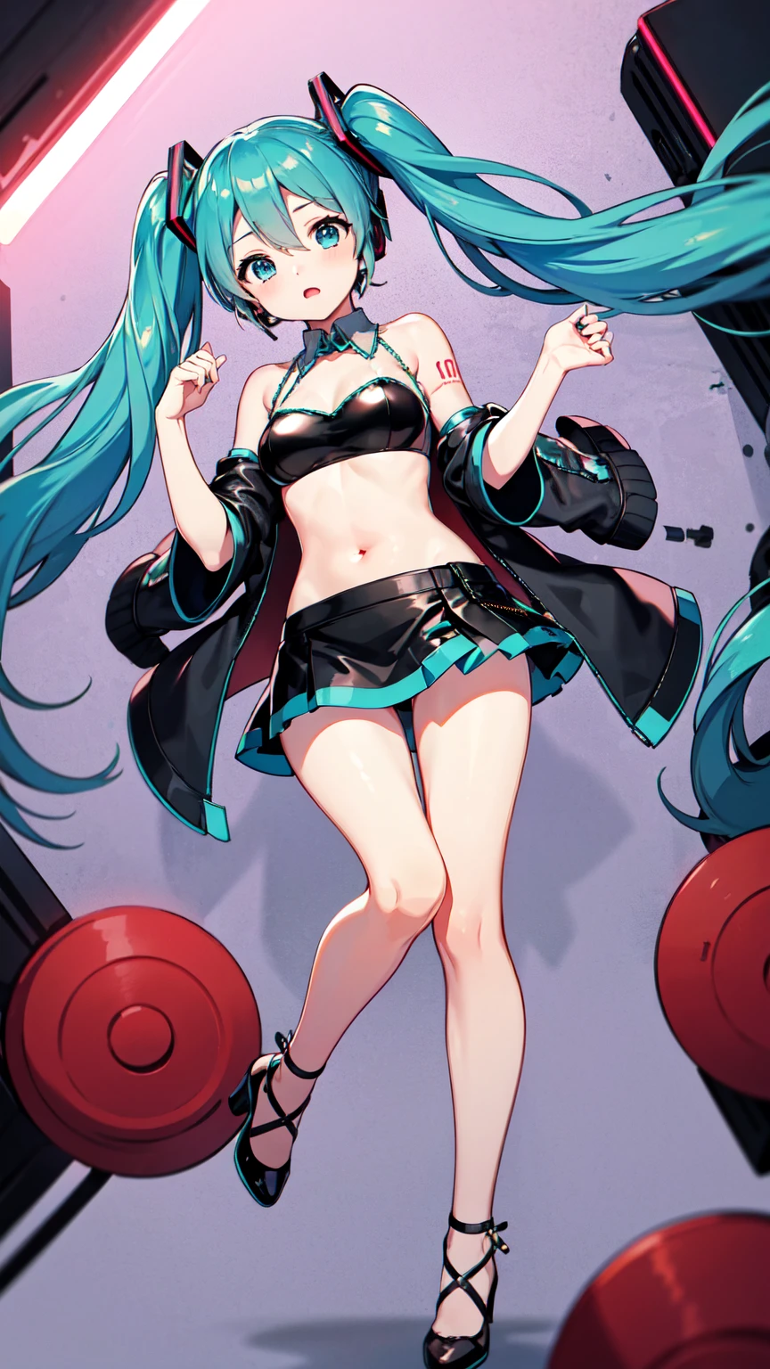 masterpiece、Highest quality、8k、Noise Reduction、((Hatsune Miku・VOCALOID))、Twin tails、Light blue hair、Light blue eyes、、(((race queen costume)))、Belly button、Leather material、Tube top、Pitchy jacket with short sleeves、mini skirt、High heels and knee length