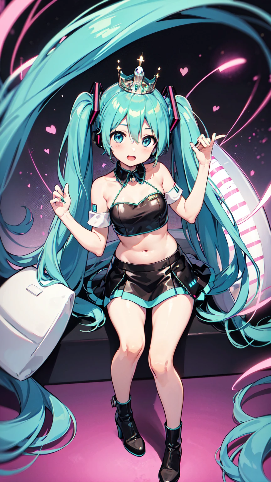 masterpiece、Highest quality、8k、Noise Reduction、((Hatsune Miku・VOCALOID))、Twin tails、Light blue hair、Light blue eyes、、(((race queen costume)))、Belly button、Leather material、Tube top、Pitchy jacket with short sleeves、mini skirt、High heels and knee length