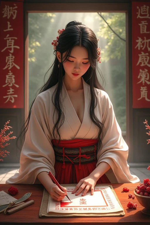 Japanese female shrine maiden who writes amulets, vermilion brush, long hair, fortune teller
