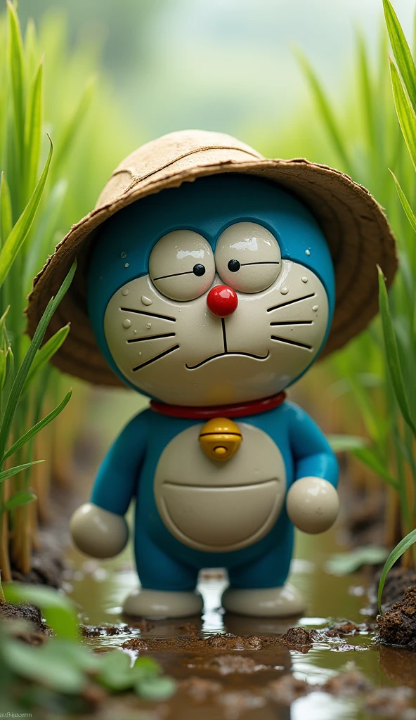 Doraemon was exhausted and drenched in sweat from harvesting rice in the paddy field.,Wear a leaf hat 