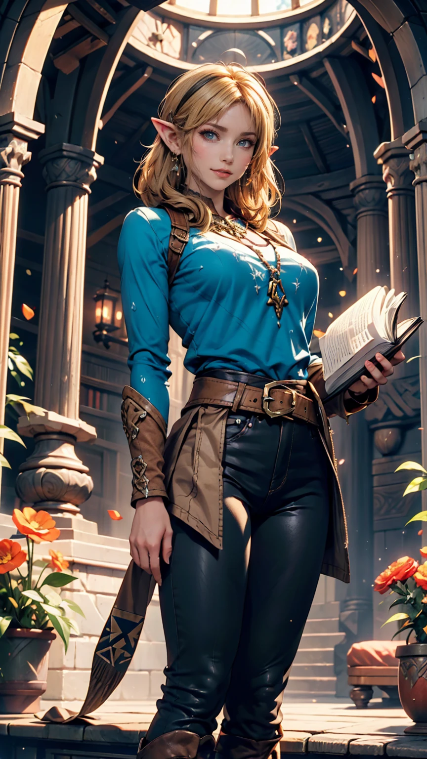 Princess Zelda, One person, Artist Request, belt, Blonde, blue shirt, Book, boots, smile、whole body, Green Eyes, High resolution, View your viewers, magic, Nintendo, pants, Pointed Ears, shirt, short hair, Simple Background, alone, The Legend of Zelda, The Legend of Zelda: Tears of the Kingdom, The Legend of Zelda: Tears of the Kingdom, Flowers made of light, magic