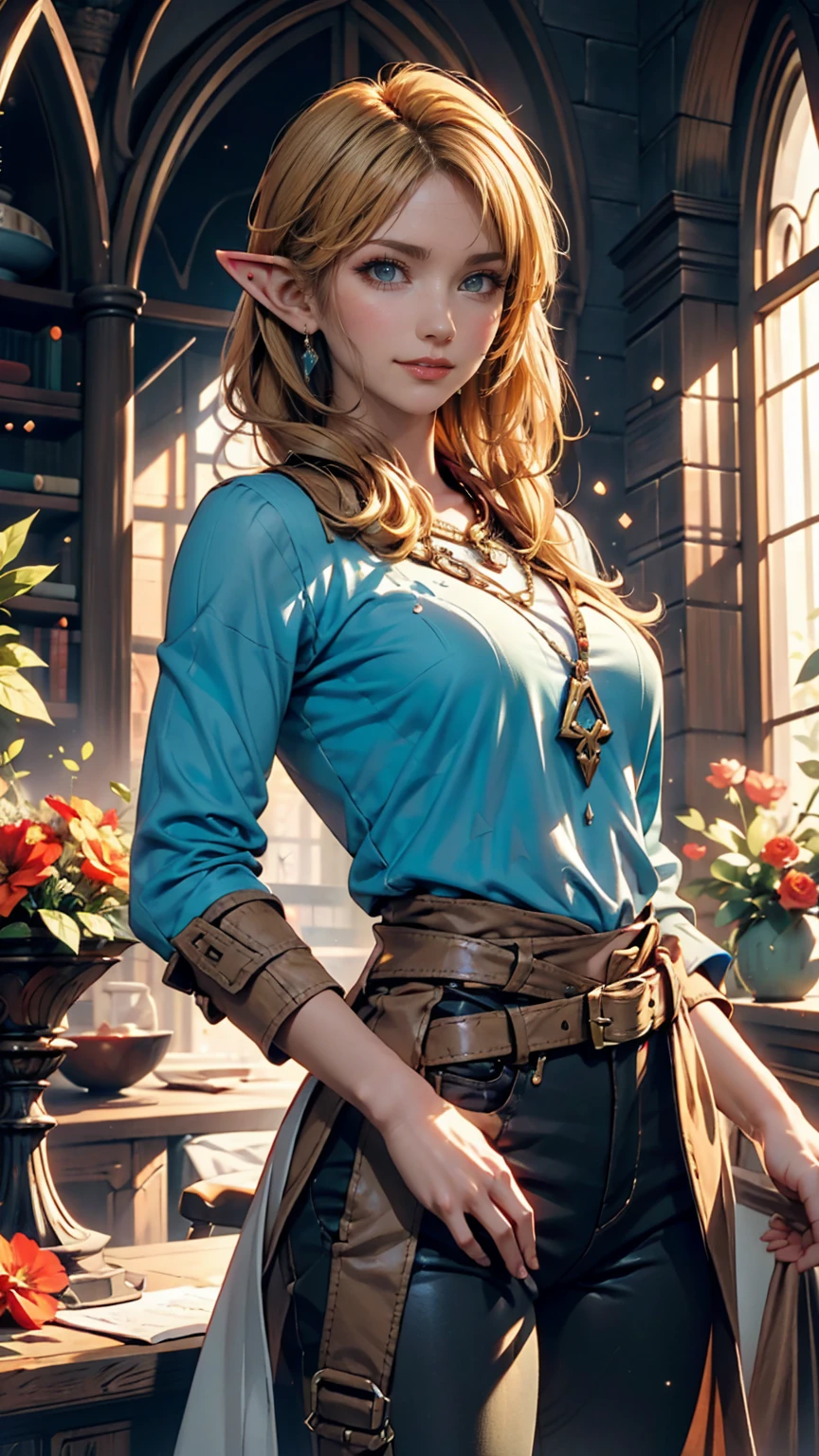 Princess Zelda, One person, Artist Request, belt, Blonde, blue shirt, Book, boots, smile、whole body, Green Eyes, High resolution, View your viewers, magic, Nintendo, pants, Pointed Ears, shirt, short hair, Simple Background, alone, The Legend of Zelda, The Legend of Zelda: Tears of the Kingdom, The Legend of Zelda: Tears of the Kingdom, Flowers made of light, magic