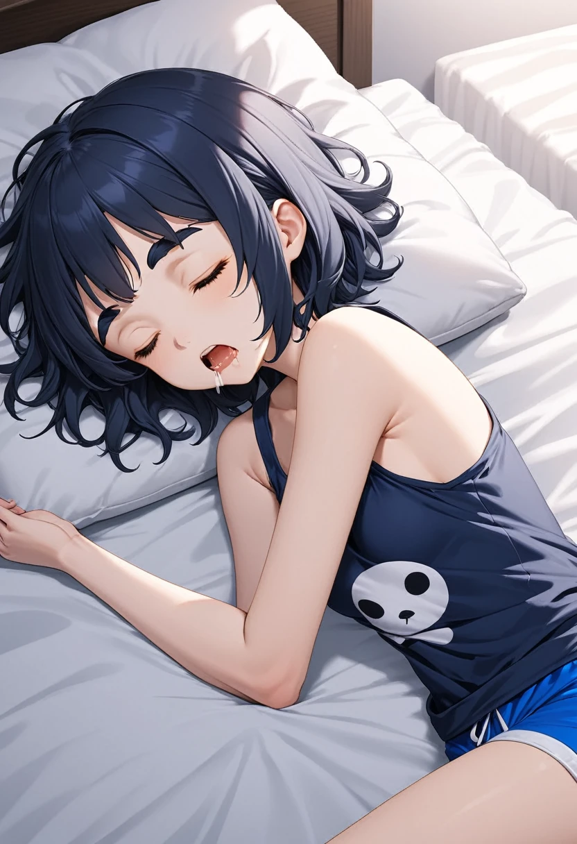 (best quality, masterpiece, ultra highres, ultra-detailed),girl sleeping until noon,Tank top,Polyester shorts,closed eyes,open mouth,Drooling,She is lying in bed, BREAK
(girl,tween,detailed face,(darkblue wavy-short hair),middle thick eyebrows,middle small breasts),