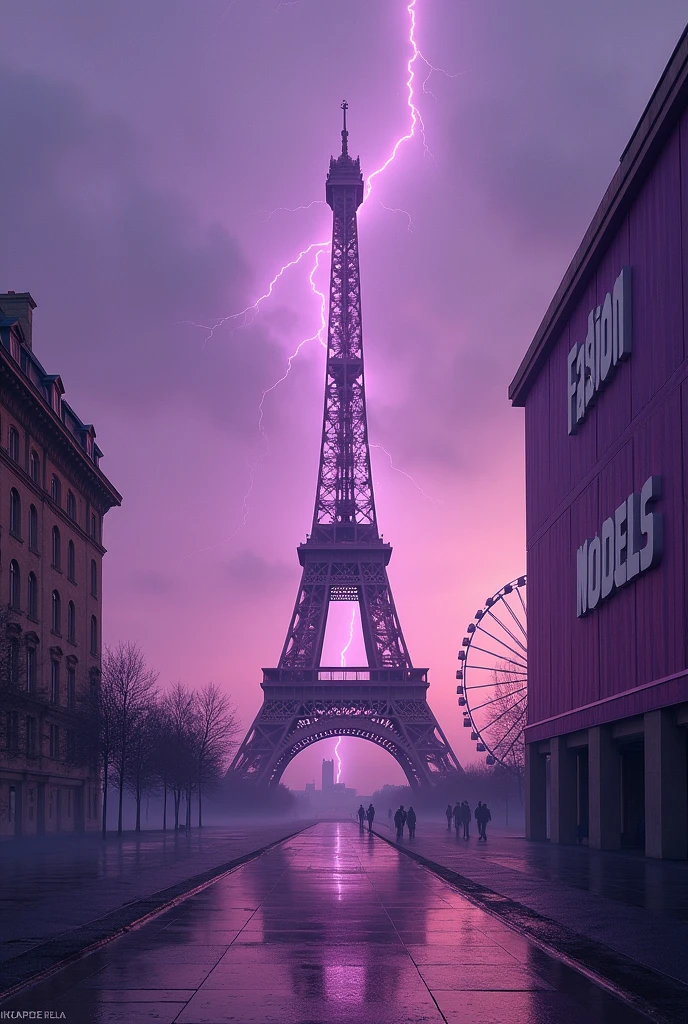 Effiel Tower in the center, without buildings or people. An ad on the right side that says "Fashion Models" in big. a bolt of lightning in the sky and a Ferris wheel in the background. purple tones.