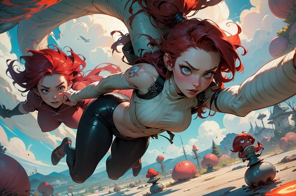 Epic sexy sheer peach skintight Cinematic PUNK ROCK cute red haired woman, with bouncing breasts in the style of Tony Sandoval and Ashley Woods art. Fighting slimy tentacles in the the clouds. EXPLOSION.
