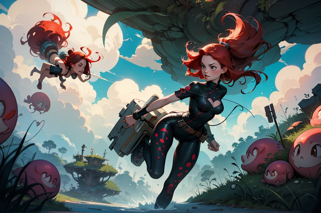 Epic sexy sheer peach skintight Cinematic PUNK ROCK cute red haired woman, with bouncing breasts in the style of Tony Sandoval and Ashley Woods art. Fighting slimy tentacles in the the clouds. EXPLOSION.