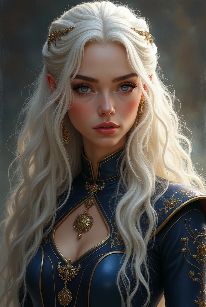 A beautiful woman with platinum hair and platinum eyes. Rhaenys Targaryen, the Conqueror. Playful and impulsive.