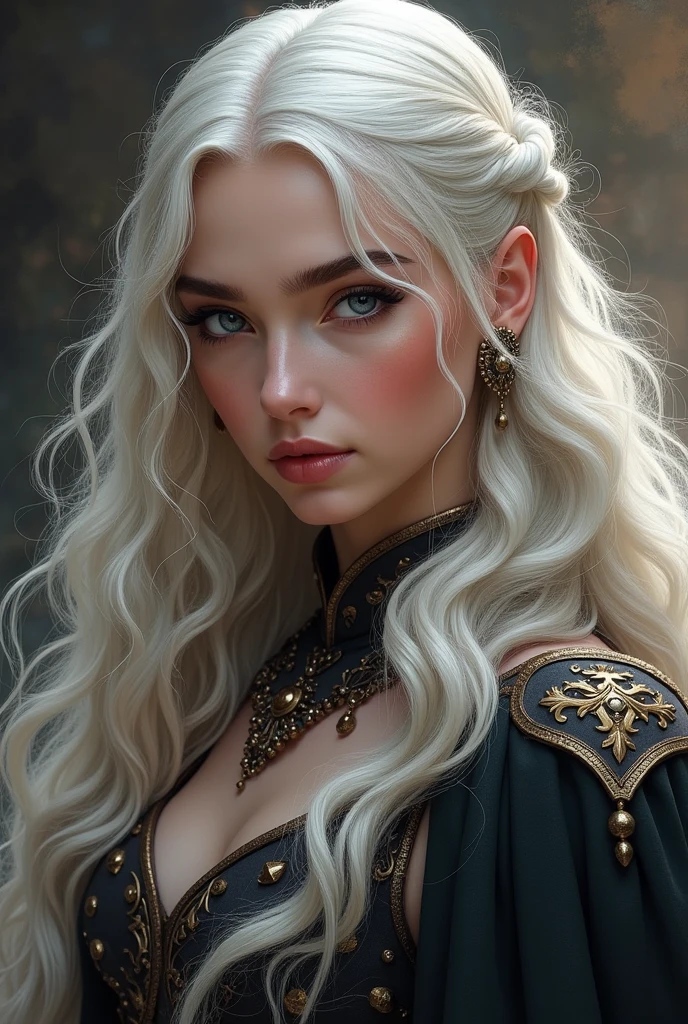 A beautiful woman with platinum hair and platinum eyes. Rhaenys Targaryen, the Conqueror. Playful and impulsive. 