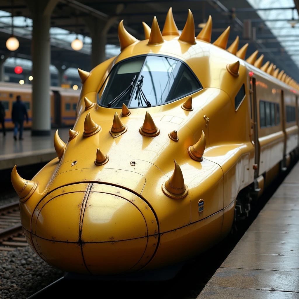 A Shinkansen with a gold body and numerous horn-like protrusions on its corners.