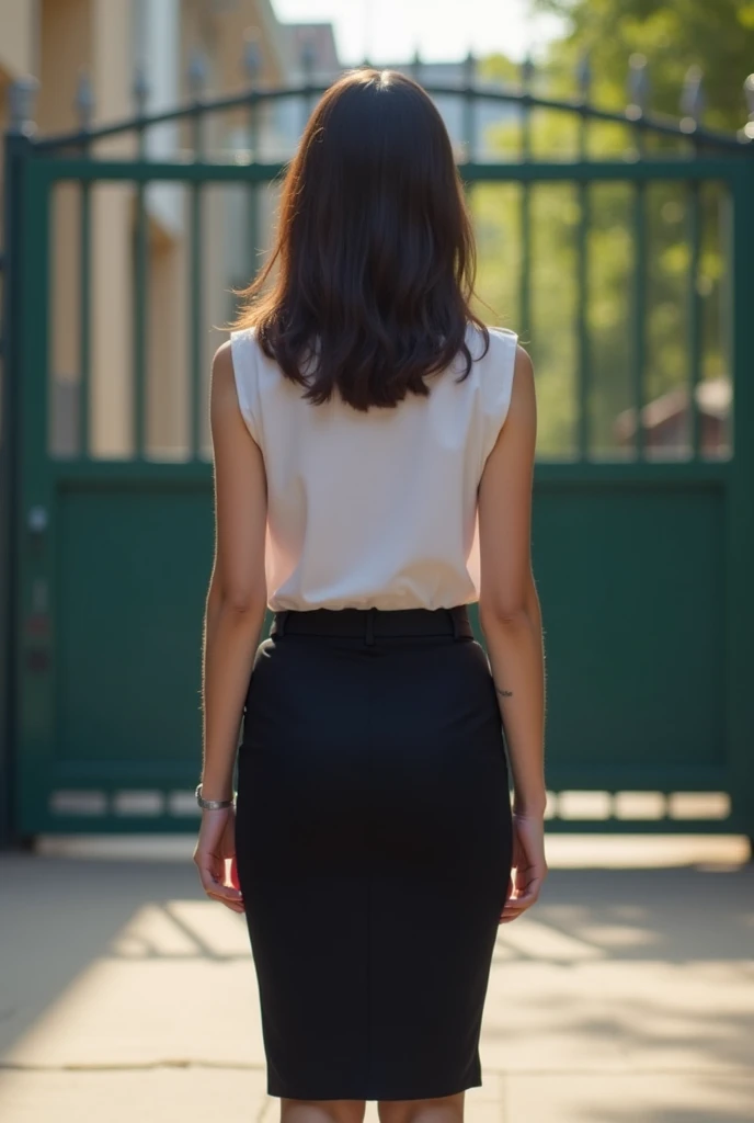 masterpiece,Highest quality,(Ultra high definition,8K Photo Wallpaper),(Highest quality),Physical Rendering,A female teacher standing in front of the high school gate.,Sleeveless shirt and black pencil skirt,Backwards,