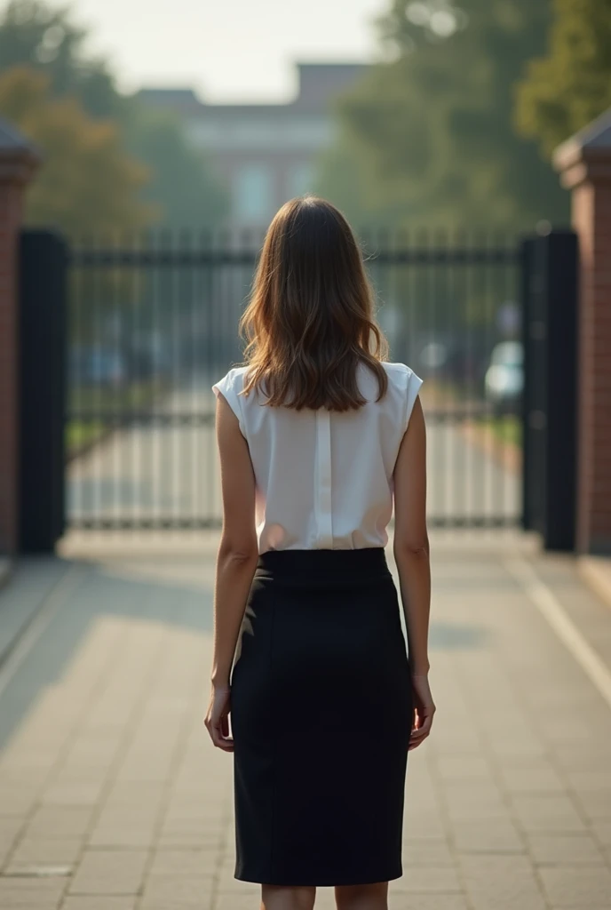 masterpiece,Highest quality,(Ultra high definition,8K Photo Wallpaper),(Highest quality),Physical Rendering,A female teacher standing in front of the high school gate.,Sleeveless shirt and black pencil skirt,Backwards,