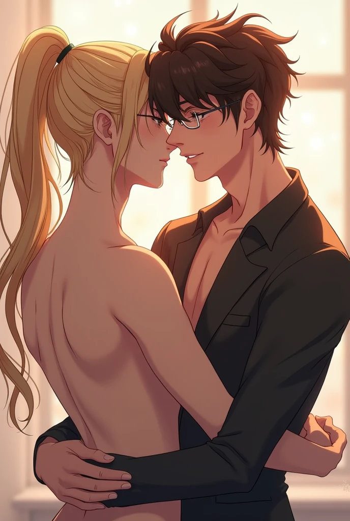 Yaoi styled image of white male with long blonde hair kept in a ponytail, passionately a male with brown skin, glasses and black curly hair