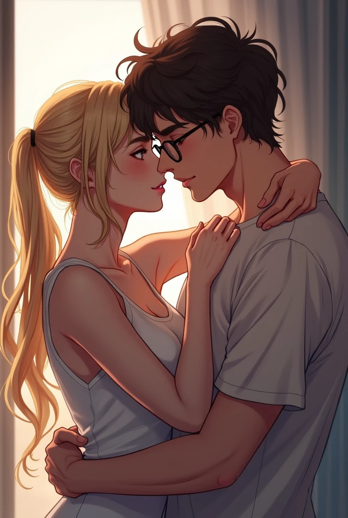 Yaoi styled image of white male with long blonde hair kept in a ponytail, passionately a male with brown skin, glasses and black curly hair