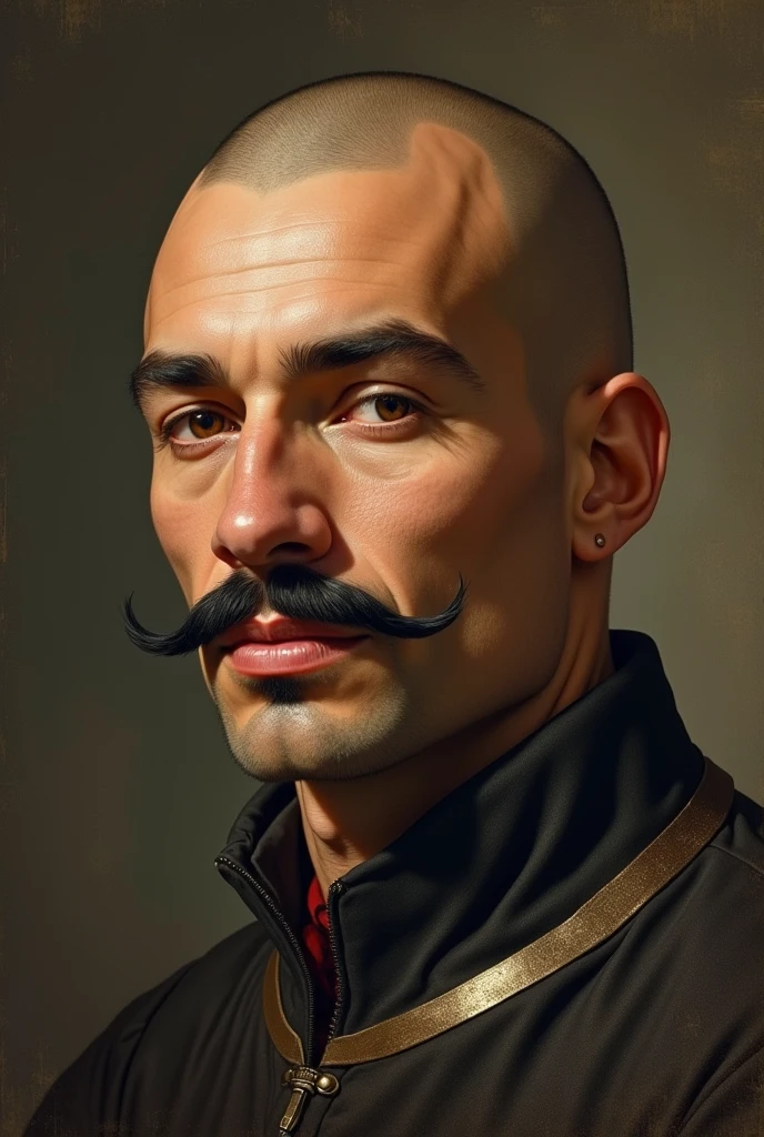 A man with light brown skin, only a black mustache, full lips, and a shaved black head in the 15th century.