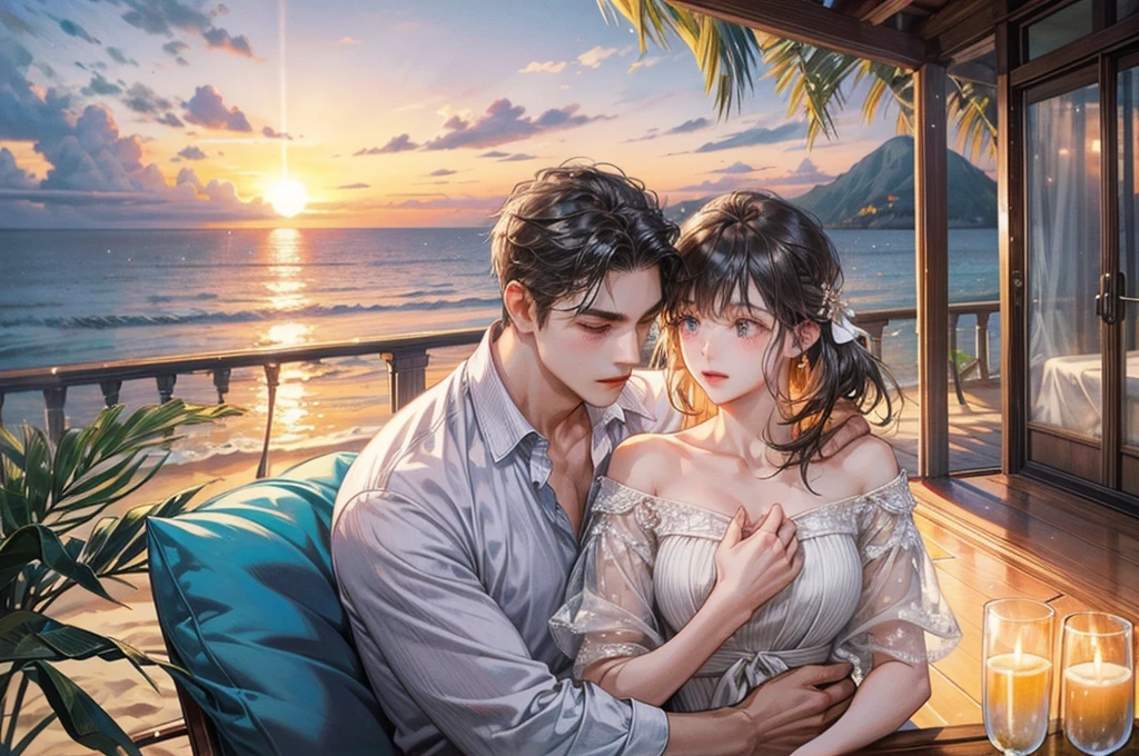 vacation、beach、men and women、Two people、Couple、Casual attire、muscle、Sunset、balcony、Cottage、Romantic