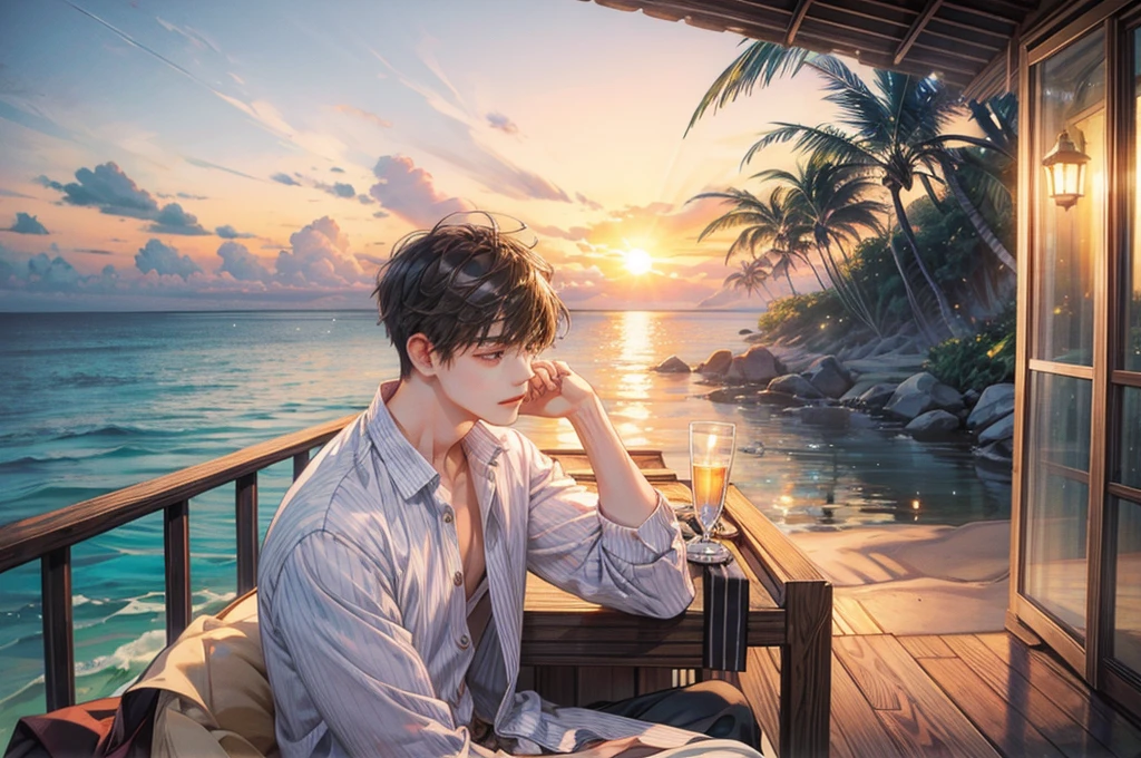 vacation、beach、men and women、Two people、Couple、Casual attire、muscle、Sunset、balcony、Cottage、Romantic
