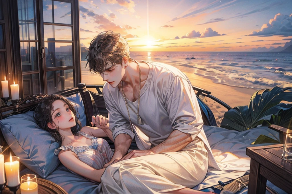 vacation、beach、men and women、Two people、Couple、Casual attire、muscle、Sunset、balcony、Cottage、Romantic