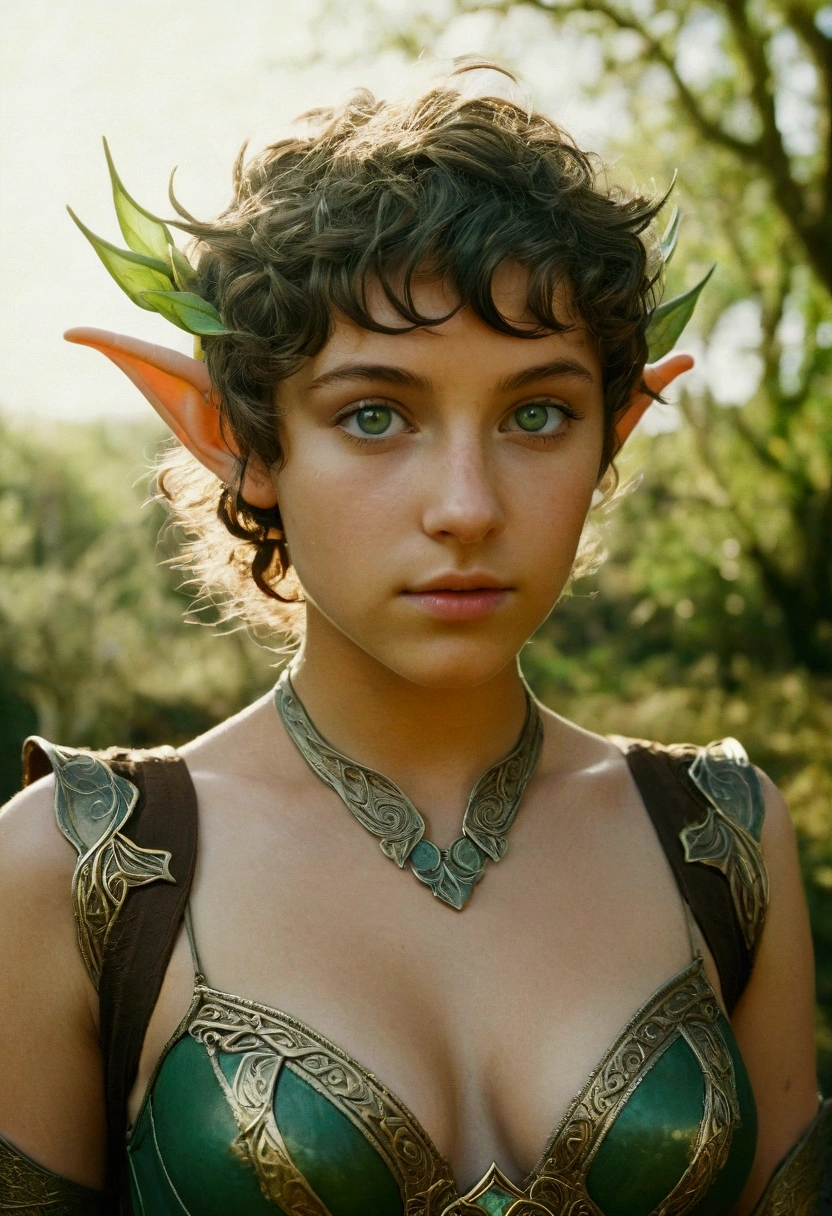 analog film photo, photo of a young elven girl, 18 years old, elf ears, jade eyes, curly brunette pixie cut, sun-tanned complexion, olive skintone, Amazonian stature, voluptuous hourglass figure, busty bosom, narrow waist, full hips, big plump buttocks, wearing elven undergarments, strolling through a sunny fantasy landscape, RAW Photograph, dslr, soft lighting, high quality, film grain, Fujifilm XT3, detailed skin with visible pores, insane details, masterpiece, 8k, 35mm photograph, dslr, kodachrome, faded film, desaturated, grainy, vintage, Lomography, stained, highly detailed, found footage, close-up shot, elven ears