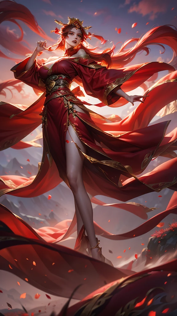 best quality,masterpiece,Ultra-high resolution,(photoactual:4:0),Crimson sky,Mountain rock,A beautiful Chinese sorceress,long flowing hair,Big breasts,Wearing a red, stunning, off-the-shoulder gown,Walking with elegance,Long, pointed fingers,Red mist billowing