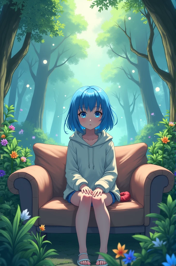 Anime girl, sky blue hair, sky blue eyes, sitting on sofa, age 15, wearing hoodie, garden background, myth 