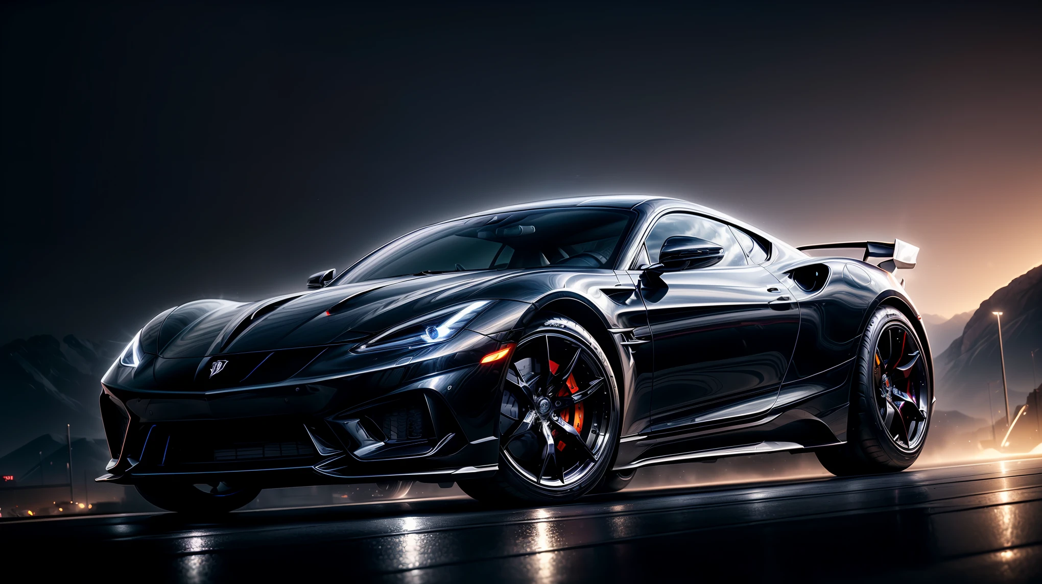 A sleek and shiny sports car, a dramatic lighting setup, (photorealistic, ultra-detailed, 8k, vivid colors, cinematic lighting, studio lighting), professional automotive photography, dynamic motion blur, high-end luxury vehicle, chrome accents, reflective paint, dramatic angles, cinematic composition