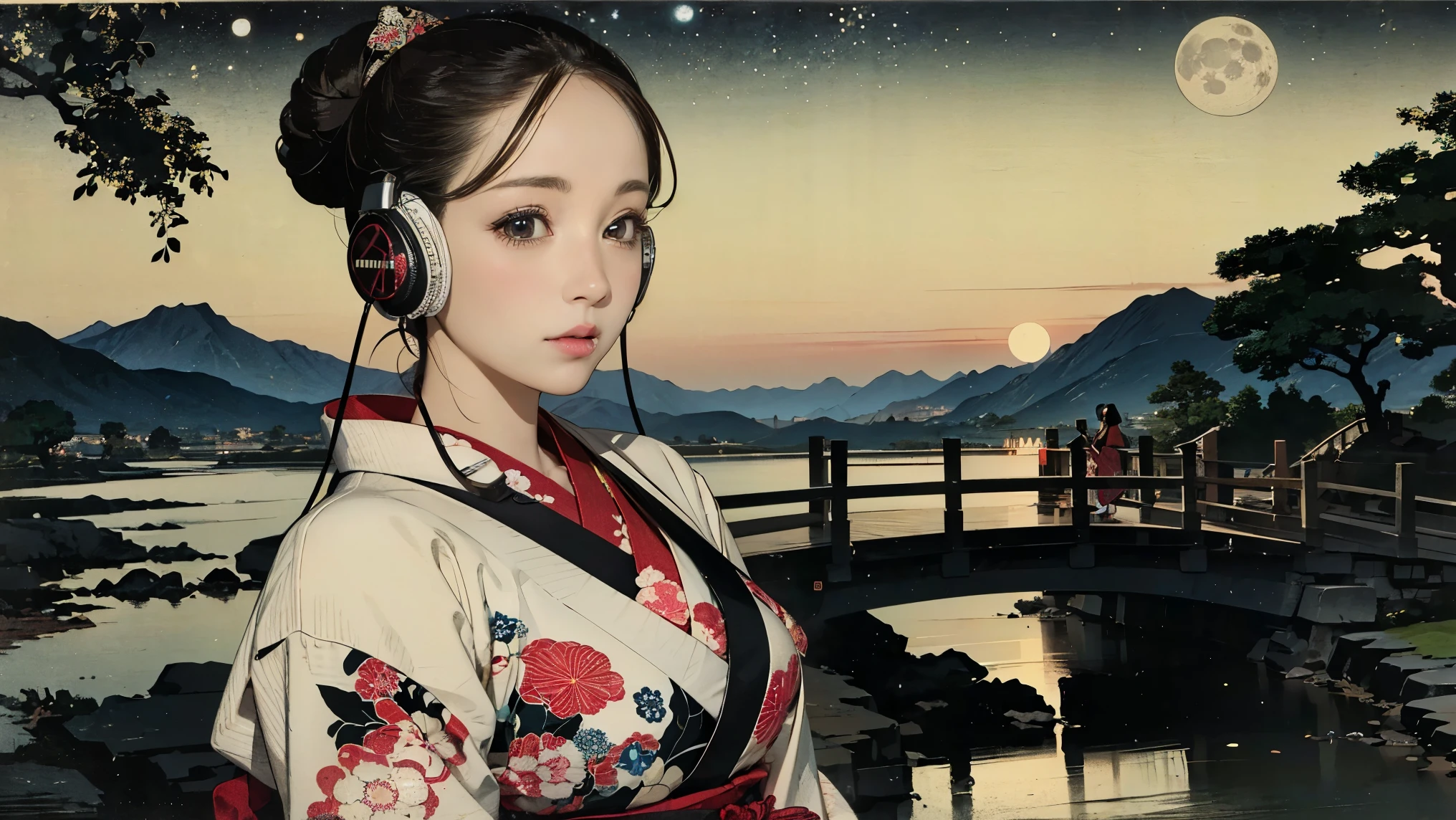 (Highest quality, 8k, masterpiece, High resolution), (whole body), Vibrant colors, Brown-black bob, Traditional topknot, Ample breasts, (Highly detailed face and eyes, Beautiful Face, Beautiful Eyes, Beautiful nose, Pretty lips), Official Art, Ukiyo-e style, (Beautiful woman in kimono), (Vivid floral patterned kimono), background, river, bridge, Mountain, wood, Starry Sky, moon, Detailed CG, ((headphones)),