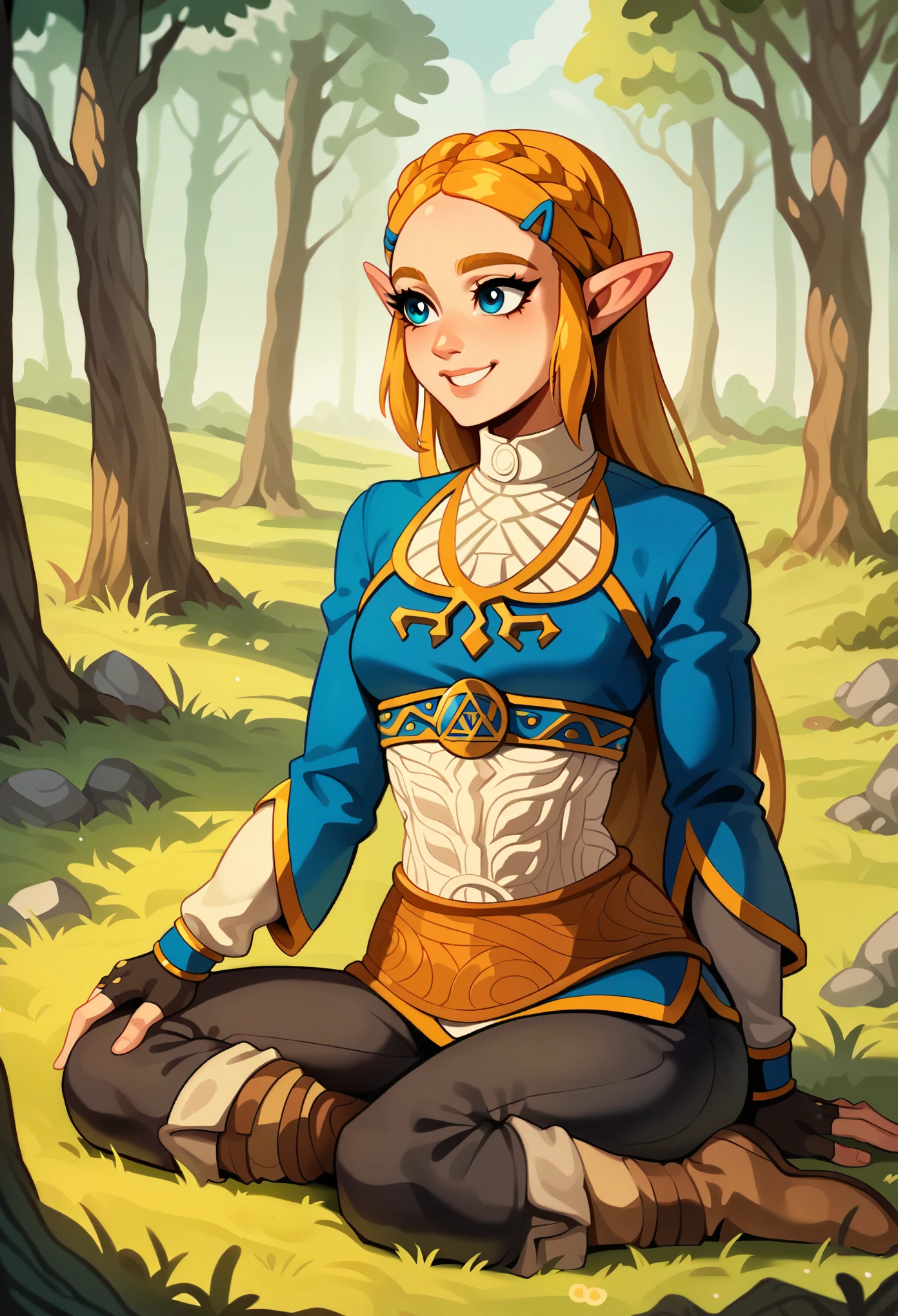 score_9, score_8_up, score_7_up, score_6_up, score_5_up, score_4_up BREAK digital art, cinematic composition, portrait, full body, 1girl, Zelda, Zelda BoTW, solo, sitting on the ground, long blond hair, blue eyes, detailed eyelashes, extremely detailed face, elfic ears, atlhetic body, smile, calm face, vibing, blue blouse, black pants, woods, forest, tulips, Hyrule, sunny, daylight, ancient buildings far away, vivid colors, masterpice, best quality