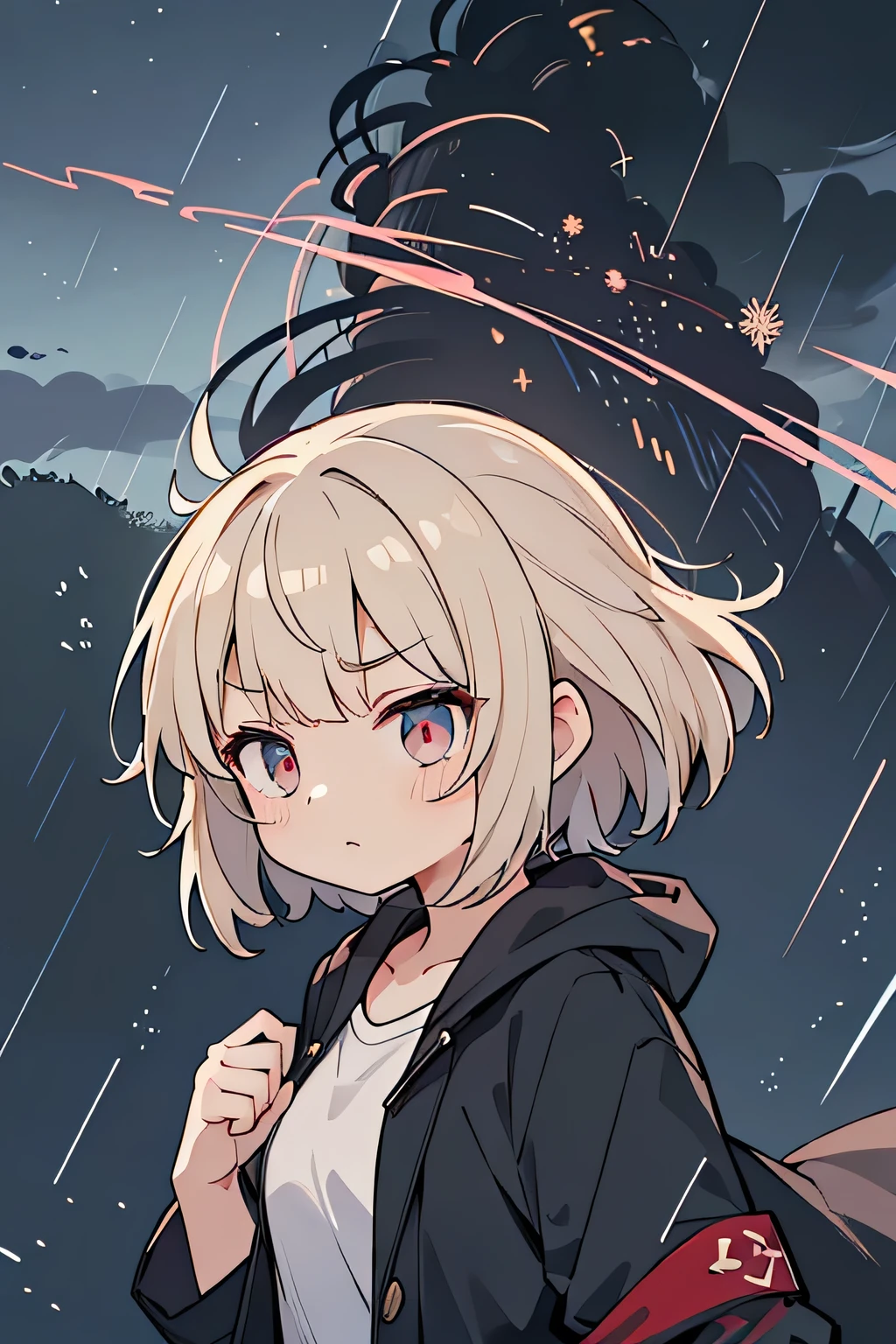 Highest quality、High resolution、Detailed Background、(Beautiful face in every detail:1.4)、Teenage beauty、Anatomically correct、(Normal number of fingers:1.2)、Detailed eyes、Highly detailed face、Perfect body line、Light color hair、Bobcut、ponytail、cute hairstyle、well-groomed eyebrows、Cute gestures、Natural beauty、typhoon、heavy rain、Very strong winds、
(Typhoon day、storm.:1.5)、
Black clouds cover the darkening sky、A strong wind is blowing、wood々The branches are shaking violently、
A girl desperately trying to move forward、Wearing a light jacket and holding her hair down, she is walking with all her might.、She occasionally looks back with a worried expression.、
The girl's legs are about to get tangled up as the strong wind blows them.、The road is littered with fallen signs and leaves, creating a dangerous situation.、
The girl seems to be desperately walking through it, searching for something.、A girl desperately tries to move forward in the dark and raging nature.、The girl's efforts and the raging typhoon、cute