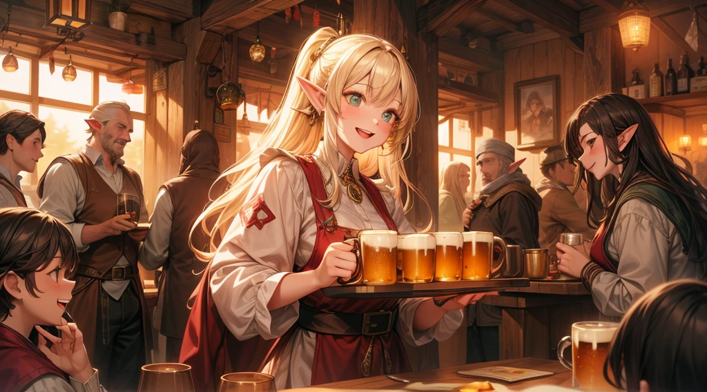 An illustrated scene set in a lively fantasy tavern at twilight. The focus is on a cheerful elf waitress, a young woman with long flowing hair and pointed ears, wearing a traditional tavern outfit. She is smiling warmly as she carries a large tray of mugs filled with beer, distributing them to a diverse group of patrons gathered around a round wooden table. The background shows a bustling tavern filled with various races, including humans, dwarves, and elves, all engaged in lively conversation. The setting is cozy, with a warm glow from lanterns and a large hearth, casting a soft, inviting light. The overall mood is vibrant yet warm, with a mix of soft browns, golds, and oranges to reflect the twilight hour.