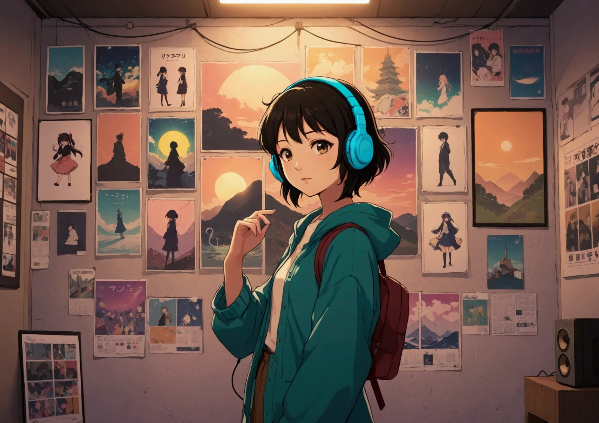 An anime character with headphones standing in front of a wall with 8 posters., lo-fi girl, Anime atmosphere, Lofi Artstyle, Anime Style 4k, Anime aesthetics, Nightcore, Lo-fi feel, Lofi Art, anime art wallpaper 4k, anime art wallpaper 4k, anime wallpaper 4k, anime wallpaper 4k, An atmosphere of praise, Kaisei and Artgelm,