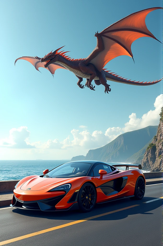 Sports car parked near the sea and a dragon flying in the sky